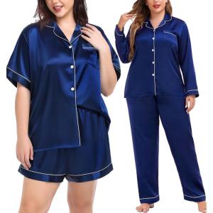 image:imageSWOMOG Women Plus Size Pajama Set 4pcs Silk Satin Sleepwear Button Down Pjs Cami Shorts Set Loose Loungewear 16W26WMidnight Blue