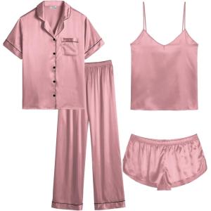image:imageSWOMOG Women Plus Size Pajama Set 4pcs Silk Satin Sleepwear Button Down Pjs Cami Shorts Set Loose Loungewear 16W26WMisty Rose
