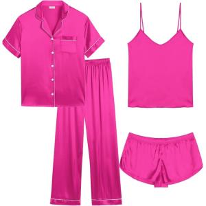 image:imageSWOMOG Women Plus Size Pajama Set 4pcs Silk Satin Sleepwear Button Down Pjs Cami Shorts Set Loose Loungewear 16W26WRose Red