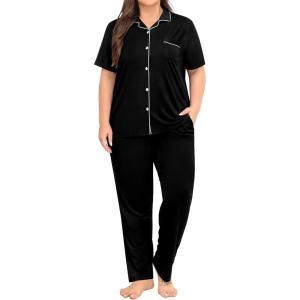 image:imageSWOMOG Womens Plus Size Pajama Set Short Sleeve Sleepwear Top and Pants Button Up Pajamas for Women LoungewearBlack