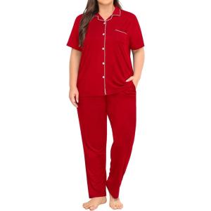 image:imageSWOMOG Womens Plus Size Pajama Set Short Sleeve Sleepwear Top and Pants Button Up Pajamas for Women LoungewearRed