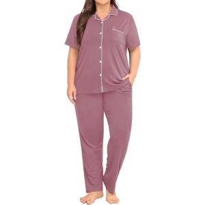 image:imageSWOMOG Womens Plus Size Pajama Set Short Sleeve Sleepwear Top and Pants Button Up Pajamas for Women LoungewearTaro Purple