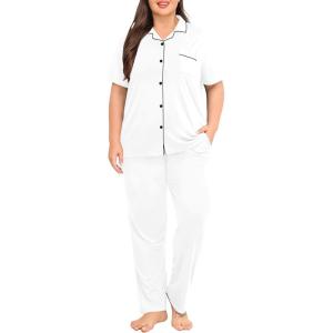 image:imageSWOMOG Womens Plus Size Pajama Set Short Sleeve Sleepwear Top and Pants Button Up Pajamas for Women LoungewearWhite