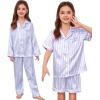 image:imageSWOMOG 4 pcs Kids Girls Satin Pajamas Set Silk ButtonDown PJs Sets Soft Lounge Sets Long Sleeve Sleepwear4 Pcsblue Striped
