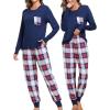 image:imageSWOMOG Adult Christmas Pajamas Buffalo Plaid Pajama Pants with Pockets Long Sleeve Tops for Couples amp FamilyNavy Blue