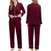 image:imageSWOMOG Couples Matching Pajamas Sets Women amp Men Silk Satin Long Sleeve Button Down Sleepwear 2 Pcs Classic LoungewearDeep Wine Red