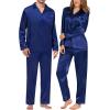 image:imageSWOMOG Couples Pajamas Womens ampMens Matching Pajamas Set Silk Satin Pj Set Long Sleeve Button Down Sleepwear 2 Pcs LoungewearNavy Blue