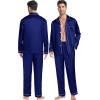 image:imageSWOMOG Family Matching Pajamas Set Silk Satin Button Down Sleepwear Long Sleeve Nightwear 2 Pcs Pj SetZ  Double Piping  Deep Navy Blue