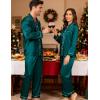 image:imageSWOMOG Family Matching Pajamas Set Silk Satin Button Down Sleepwear Long Sleeve Nightwear 2 Pcs Pj SetZ  Double Piping  Green