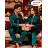 image:imageSWOMOG Family Matching Pajamas Set Silk Satin Button Down Sleepwear Long Sleeve Nightwear 2 Pcs Pj SetZ  Double Piping  Green