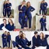 image:imageSWOMOG Family Matching Pajamas Silk Satin Long Sleeve Sleepwear Soft Button Down Loungewear 2 Pcs Pj SetNavy Blue