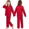 image:imageSWOMOG Family Matching Pajamas Silk Satin Long Sleeve Sleepwear Soft Button Down Loungewear 2 Pcs Pj SetRed