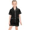 image:imageSWOMOG Girls Pajamas Silk Satin Pajama Set Short Sleeve Button Down Sleepwear Soft Cute PJs with Ruffle Shorts LoungewearBlack