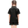 image:imageSWOMOG Girls Pajamas Silk Satin Pajama Set Short Sleeve Button Down Sleepwear Soft Cute PJs with Ruffle Shorts LoungewearBlack