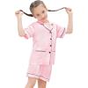 image:imageSWOMOG Girls Pajamas Silk Satin Pajama Set Short Sleeve Button Down Sleepwear Soft Cute PJs with Ruffle Shorts LoungewearBlush Pink