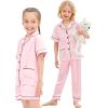 image:imageSWOMOG Girls Pajamas Silk Satin Pajama Set Short Sleeve Button Down Sleepwear Soft Cute PJs with Ruffle Shorts LoungewearBlush Pink