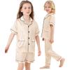 image:imageSWOMOG Girls Pajamas Silk Satin Pajama Set Short Sleeve Button Down Sleepwear Soft Cute PJs with Ruffle Shorts LoungewearChampagne