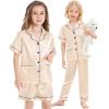 image:imageSWOMOG Girls Pajamas Silk Satin Pajama Set Short Sleeve Button Down Sleepwear Soft Cute PJs with Ruffle Shorts LoungewearChampagne