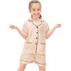 image:imageSWOMOG Girls Pajamas Silk Satin Pajama Set Short Sleeve Button Down Sleepwear Soft Cute PJs with Ruffle Shorts LoungewearChampagne Gold
