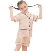 image:imageSWOMOG Girls Pajamas Silk Satin Pajama Set Short Sleeve Button Down Sleepwear Soft Cute PJs with Ruffle Shorts LoungewearChampagne Gold