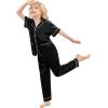 image:imageSWOMOG Girls Pajamas Silk Satin Pajama Set Short Sleeve Button Down Sleepwear Soft Cute PJs with Ruffle Shorts LoungewearCoal Black