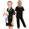 image:imageSWOMOG Girls Pajamas Silk Satin Pajama Set Short Sleeve Button Down Sleepwear Soft Cute PJs with Ruffle Shorts LoungewearCoal Black