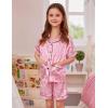 image:imageSWOMOG Girls Pajamas Silk Satin Pajama Set Short Sleeve Button Down Sleepwear Soft Cute PJs with Ruffle Shorts LoungewearLeopard Print