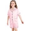 image:imageSWOMOG Girls Pajamas Silk Satin Pajama Set Short Sleeve Button Down Sleepwear Soft Cute PJs with Ruffle Shorts LoungewearLight Pink
