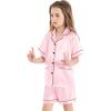 image:imageSWOMOG Girls Pajamas Silk Satin Pajama Set Short Sleeve Button Down Sleepwear Soft Cute PJs with Ruffle Shorts LoungewearLight Pink