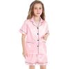image:imageSWOMOG Girls Pajamas Silk Satin Pajama Set Short Sleeve Button Down Sleepwear Soft Cute PJs with Ruffle Shorts LoungewearLight Pink