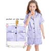 image:imageSWOMOG Girls Pajamas Silk Satin Pajama Set Short Sleeve Button Down Sleepwear Soft Cute PJs with Ruffle Shorts LoungewearLilac