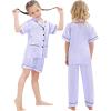 image:imageSWOMOG Girls Pajamas Silk Satin Pajama Set Short Sleeve Button Down Sleepwear Soft Cute PJs with Ruffle Shorts LoungewearLilac