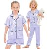 image:imageSWOMOG Girls Pajamas Silk Satin Pajama Set Short Sleeve Button Down Sleepwear Soft Cute PJs with Ruffle Shorts LoungewearLilac