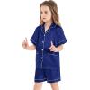 image:imageSWOMOG Girls Pajamas Silk Satin Pajama Set Short Sleeve Button Down Sleepwear Soft Cute PJs with Ruffle Shorts LoungewearMidnight Blue