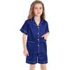 image:imageSWOMOG Girls Pajamas Silk Satin Pajama Set Short Sleeve Button Down Sleepwear Soft Cute PJs with Ruffle Shorts LoungewearMidnight Blue
