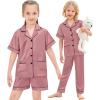 image:imageSWOMOG Girls Pajamas Silk Satin Pajama Set Short Sleeve Button Down Sleepwear Soft Cute PJs with Ruffle Shorts LoungewearMisty Rose