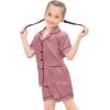 image:imageSWOMOG Girls Pajamas Silk Satin Pajama Set Short Sleeve Button Down Sleepwear Soft Cute PJs with Ruffle Shorts LoungewearMisty Rose