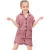 image:imageSWOMOG Girls Pajamas Silk Satin Pajama Set Short Sleeve Button Down Sleepwear Soft Cute PJs with Ruffle Shorts LoungewearSoft Misty Pink