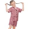 image:imageSWOMOG Girls Pajamas Silk Satin Pajama Set Short Sleeve Button Down Sleepwear Soft Cute PJs with Ruffle Shorts LoungewearSoft Misty Pink