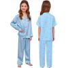 image:imageSWOMOG Girls Silk Pajama Button Down Cute Print Kids PJs Sets Pant 3 pcs Toddler Sleepwear Lounge Sets with Short TopBlue Champagne