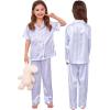 image:imageSWOMOG Girls Silk Pajama Button Down Cute Print Kids PJs Sets Pant 3 pcs Toddler Sleepwear Lounge Sets with Short TopBlue Striped