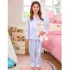 image:imageSWOMOG Girls Silk Pajama Button Down Cute Print Kids PJs Sets Pant 3 pcs Toddler Sleepwear Lounge Sets with Short TopBlue Striped
