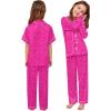 image:imageSWOMOG Girls Silk Pajama Button Down Cute Print Kids PJs Sets Pant 3 pcs Toddler Sleepwear Lounge Sets with Short TopHot Pink Leopard