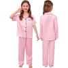image:imageSWOMOG Girls Silk Pajama Button Down Cute Print Kids PJs Sets Pant 3 pcs Toddler Sleepwear Lounge Sets with Short TopPink