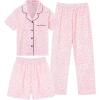 image:imageSWOMOG Kids Pajamas Sets 3PCS Short Sleeve Long Pants with Shorts Girls Boys Button Down PJS Cute Loungewear for 4T15YearsPink Leopard