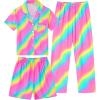 image:imageSWOMOG Kids Pajamas Sets 3PCS Short Sleeve Long Pants with Shorts Girls Boys Button Down PJS Cute Loungewear for 4T15YearsRainbow