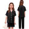 image:imageSWOMOG Kids Silk Pajamas 3 Piece Girls Boys Satin Pajamas Set ButtonDown PJs Set Soft Loungewear Short Sleeve SleepwearBlack