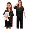 image:imageSWOMOG Kids Silk Pajamas 3 Piece Girls Boys Satin Pajamas Set ButtonDown PJs Set Soft Loungewear Short Sleeve SleepwearBlack