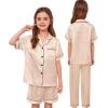 image:imageSWOMOG Kids Silk Pajamas 3 Piece Girls Boys Satin Pajamas Set ButtonDown PJs Set Soft Loungewear Short Sleeve SleepwearChampagne