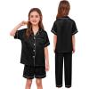 image:imageSWOMOG Kids Silk Pajamas 3 Piece Girls Boys Satin Pajamas Set ButtonDown PJs Set Soft Loungewear Short Sleeve SleepwearDeep Black